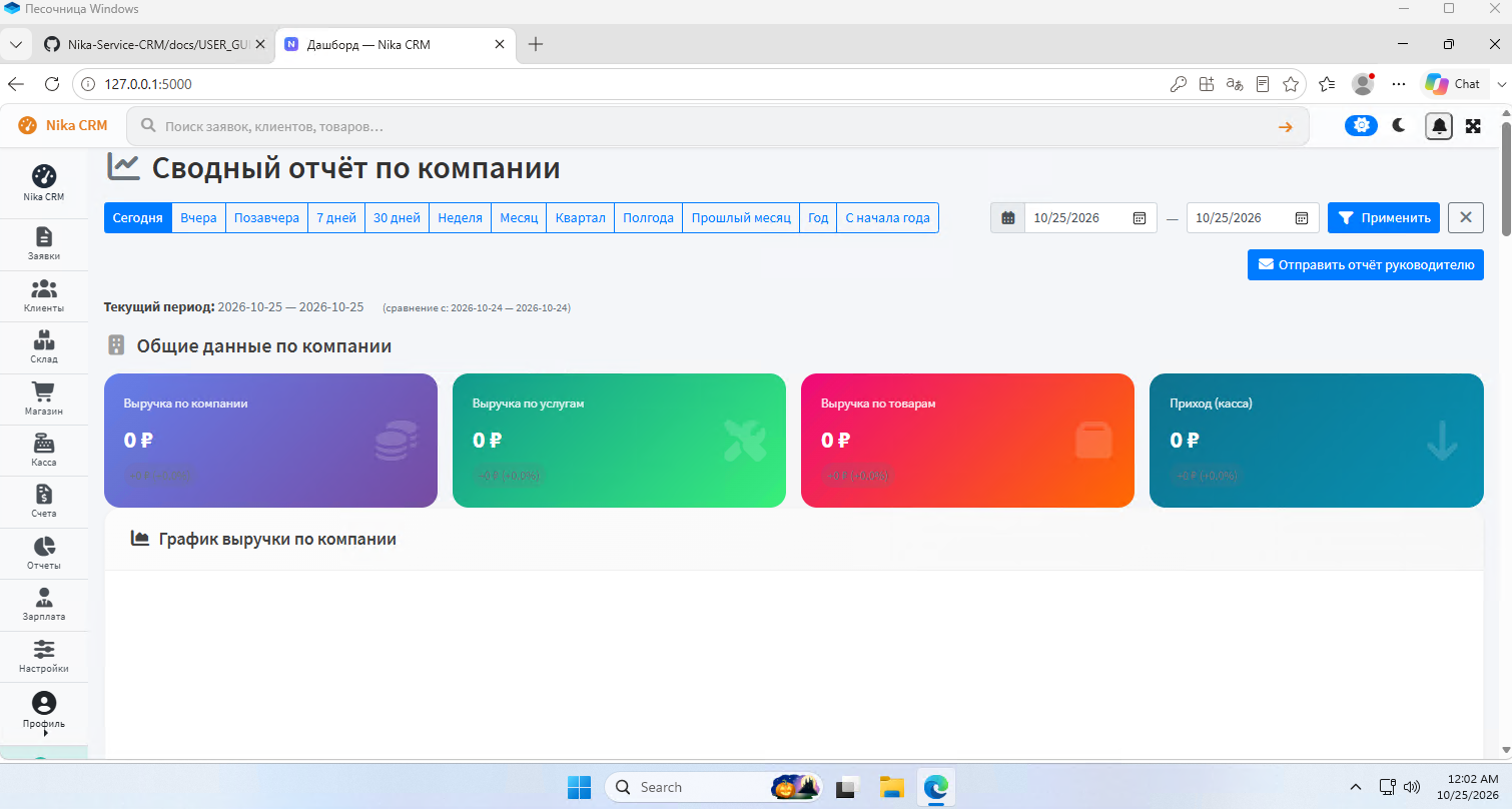 Сводный отчёт после входа